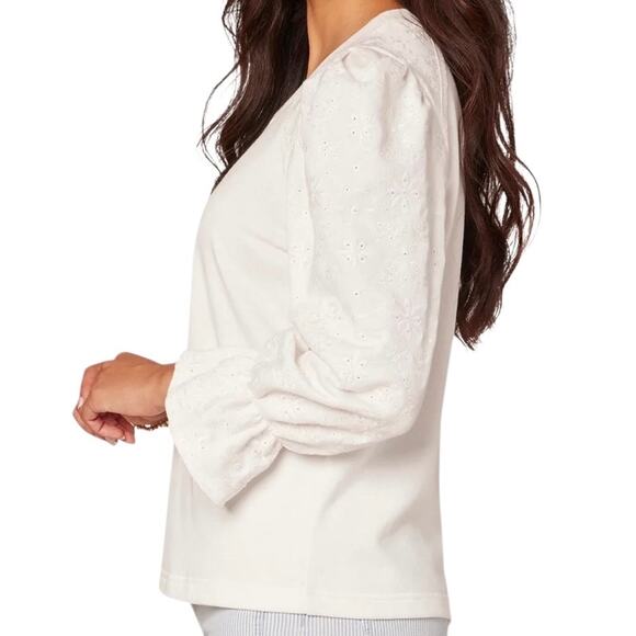 Democracy Women’s 3/4 Embroidered Puffed Flounce Sleeve Top Off White Size PM - Picture 2 of 3